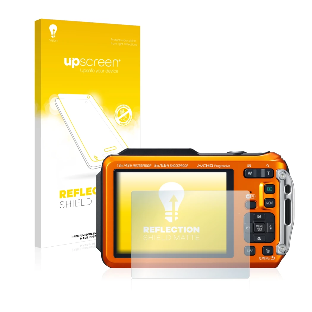 Front side of a product packaging with the brand logo upscreen. Next to it is the device Panasonic Lumix DMC-FT5 shown with th