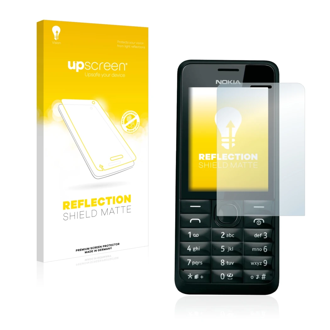 Front side of a product packaging with the brand logo upscreen. Next to it is the device Nokia 301 shown with the correspondin