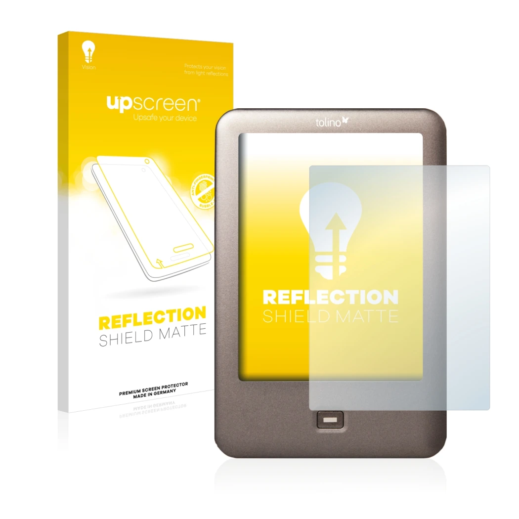 Front side of a product packaging with the brand logo upscreen. Next to it is the device Tolino Shine shown with the correspon