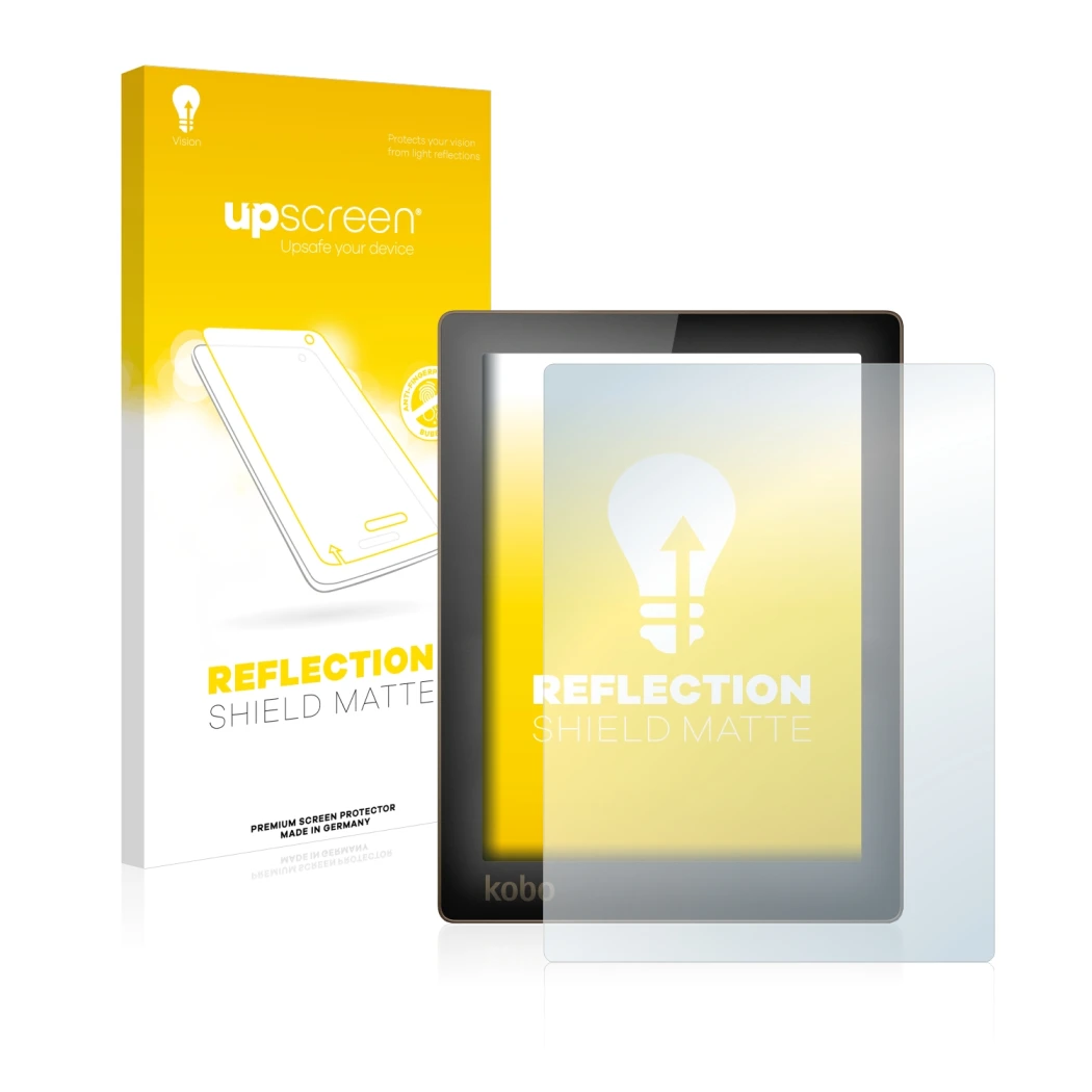 Front side of a product packaging with the brand logo upscreen. Next to it is the device Kobo Aura shown with the correspondin