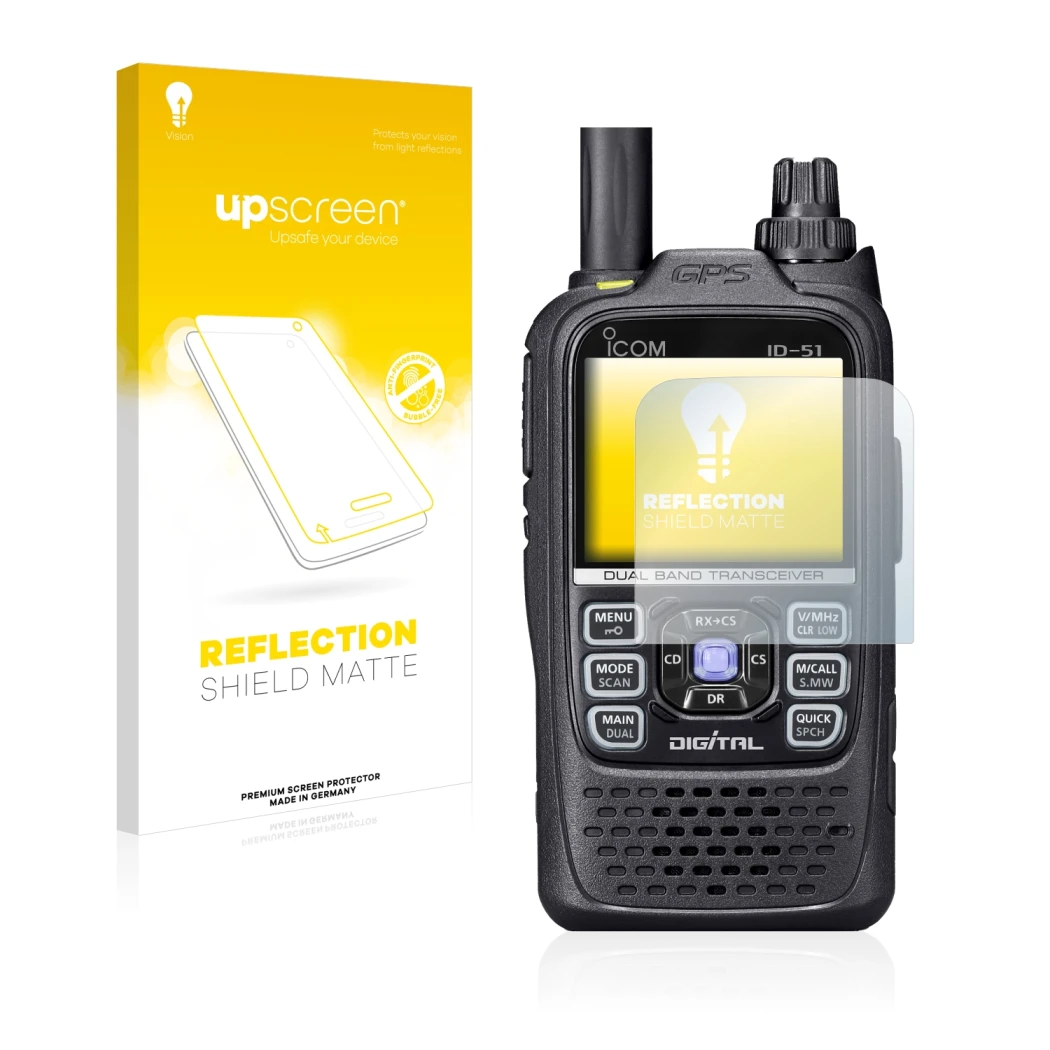 Front side of a product packaging with the brand logo upscreen. Next to it is the device Icom ID-51 shown with the correspondi