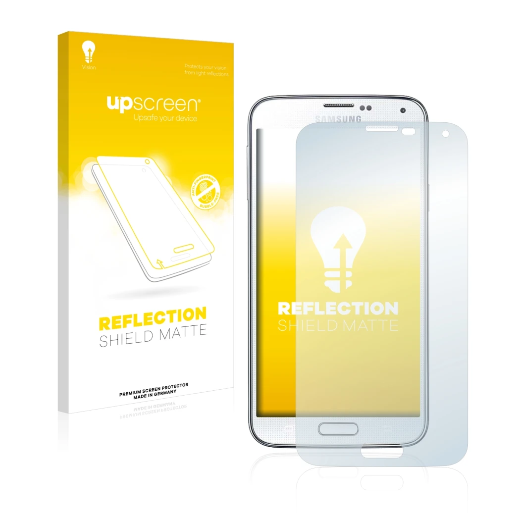 Front side of a product packaging with the brand logo upscreen. Next to it is the device Samsung Galaxy S5 shown with the corr