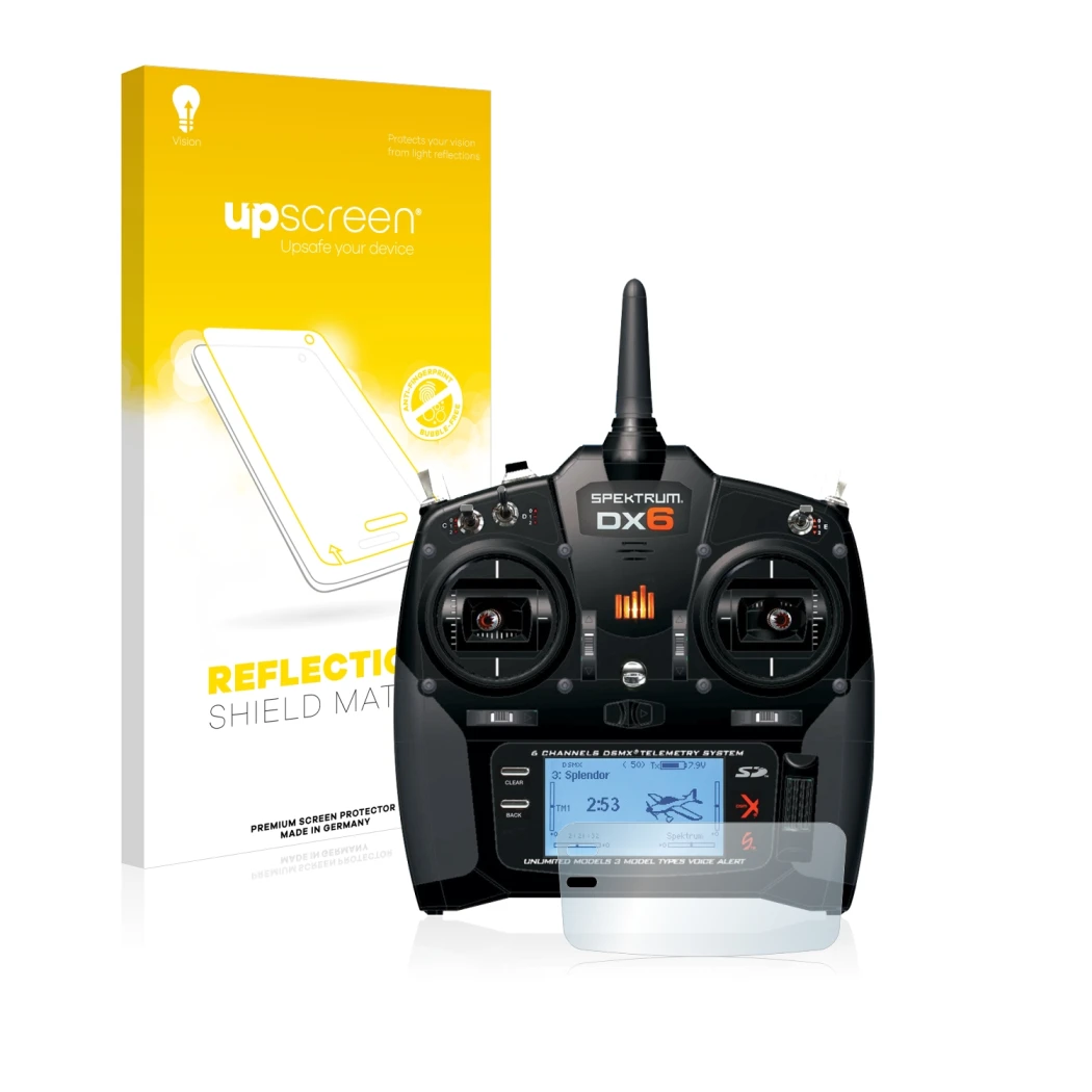 Front side of a product packaging with the brand logo upscreen. Next to it is the device Spektrum DX6 shown with the correspon