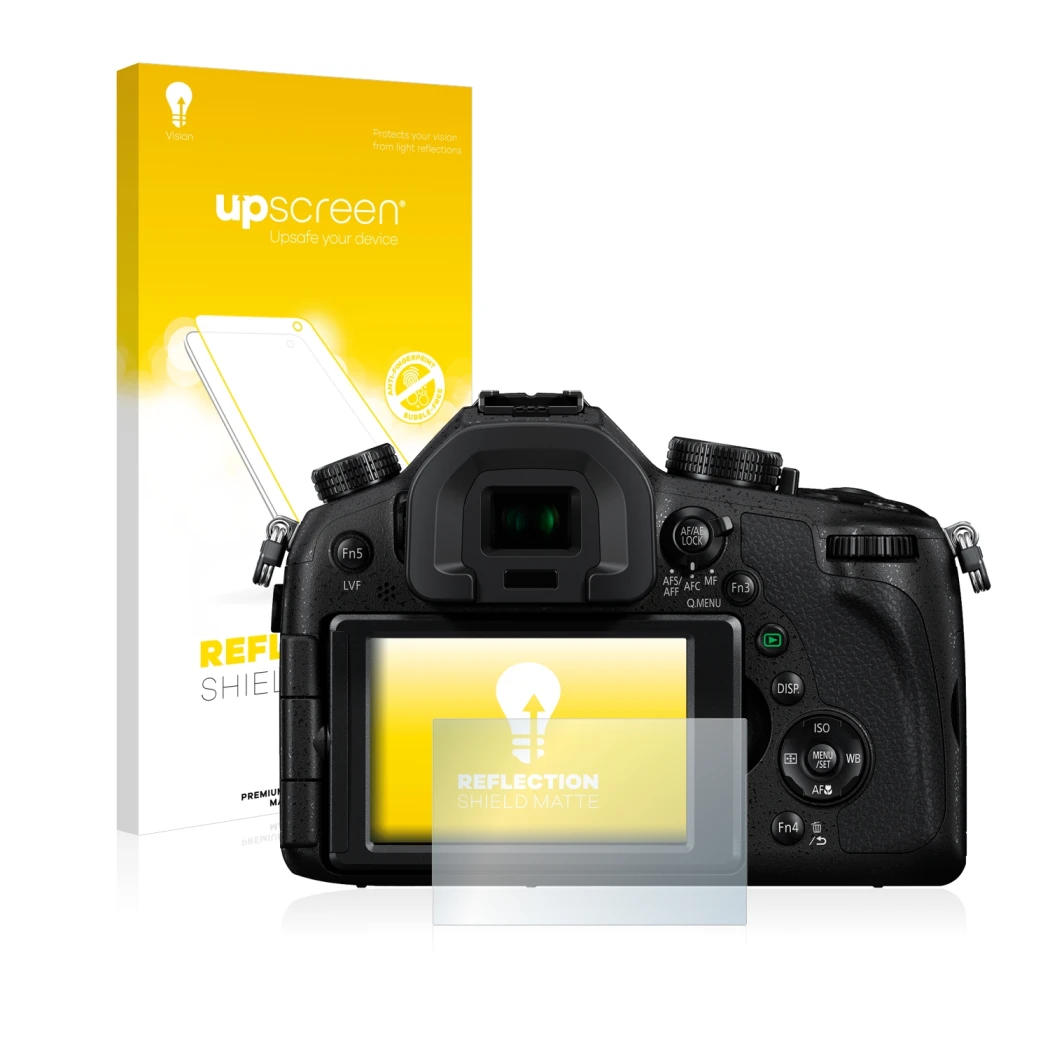 Front side of a product packaging with the brand logo upscreen. Next to it is the device Panasonic Lumix DMC-FZ1000 shown with