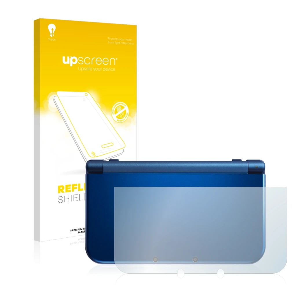 Front side of a product packaging with the brand logo upscreen. Next to it is the device Nintendo New 3DS XL (housing) shown w