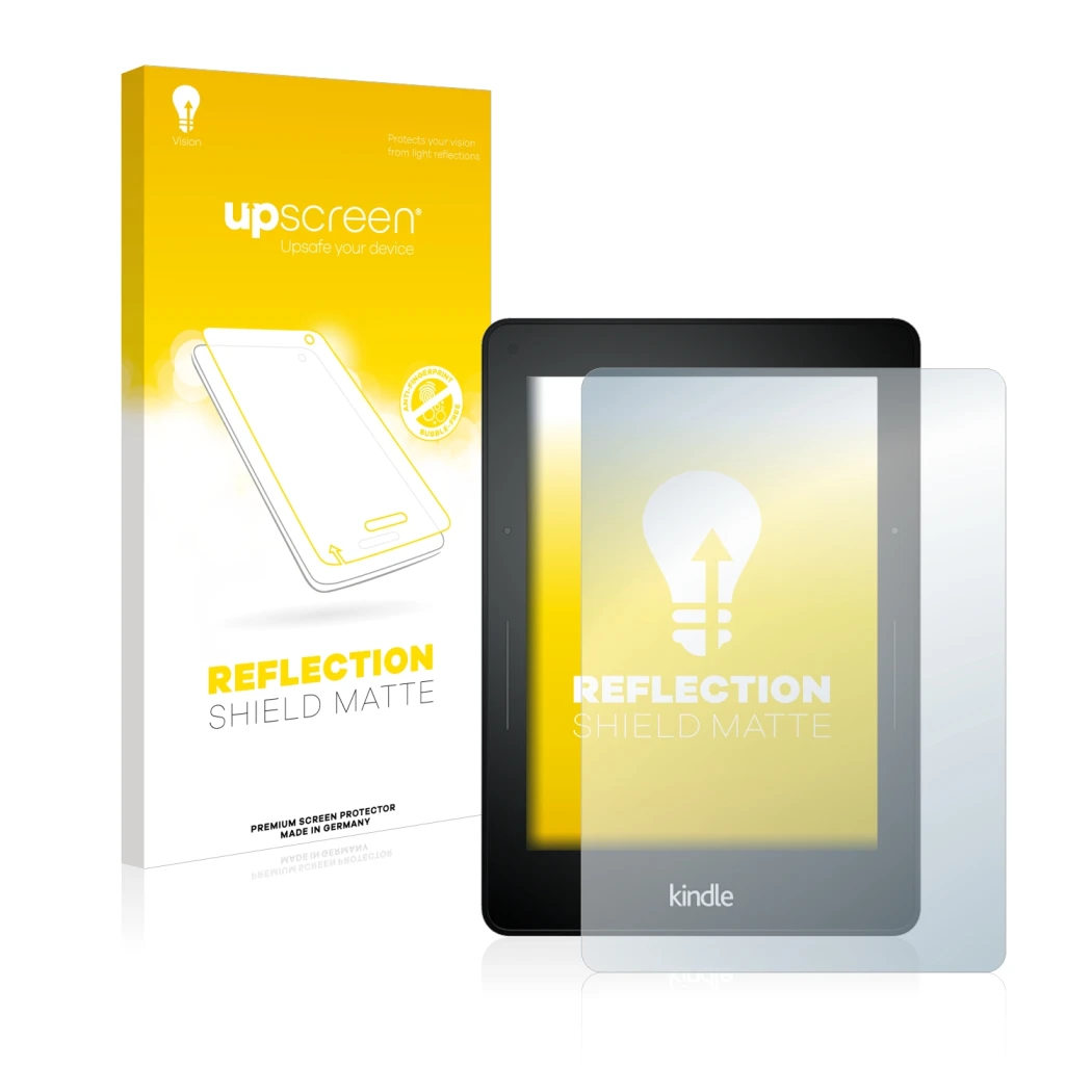 Front side of a product packaging with the brand logo upscreen. Next to it is the device Amazon Kindle Voyage shown with the c