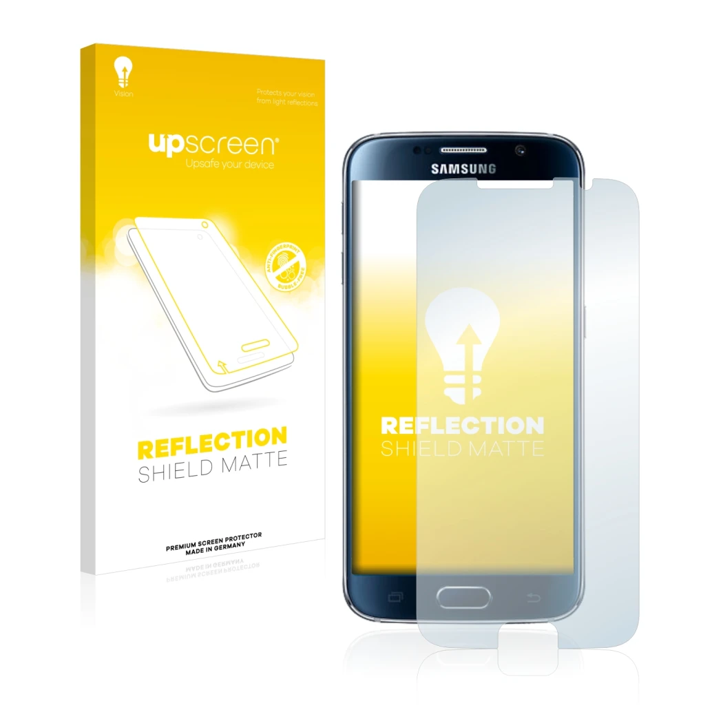 Front side of a product packaging with the brand logo upscreen. Next to it is the device Samsung Galaxy S6 shown with the corr