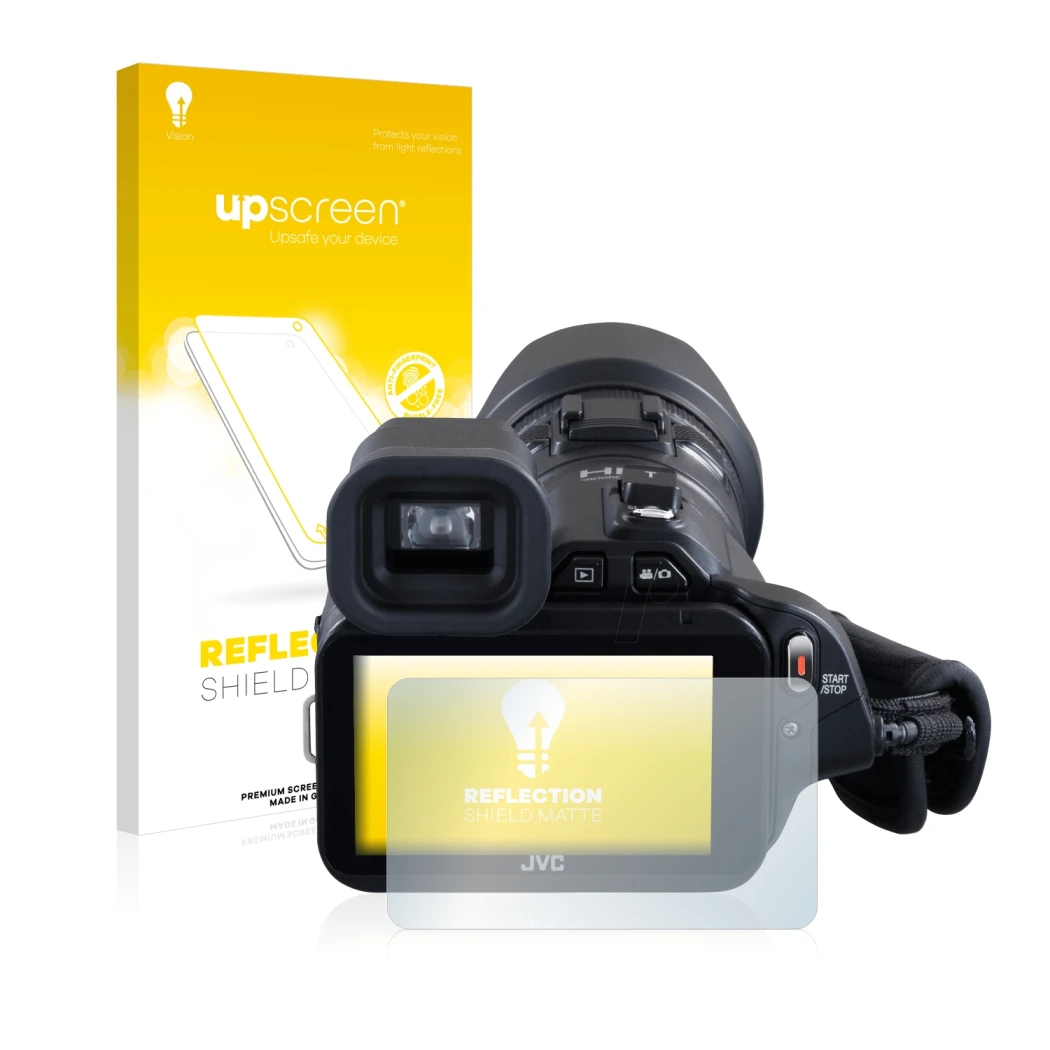 Front side of a product packaging with the brand logo upscreen. Next to it is the device JVC GC-PX100BEU shown with the corres