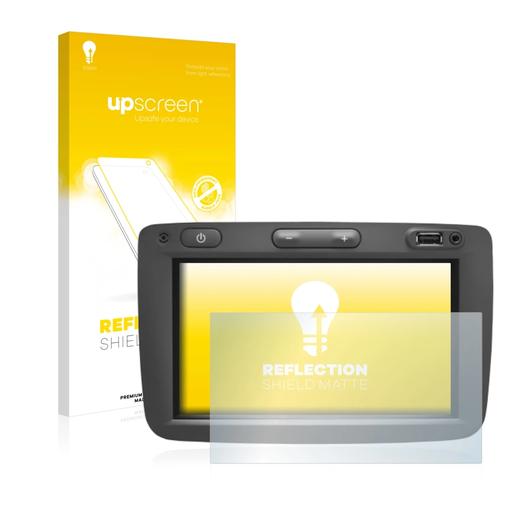 Front side of a product packaging with the brand logo upscreen. Next to it is the device Dacia Media Nav shown with the corres