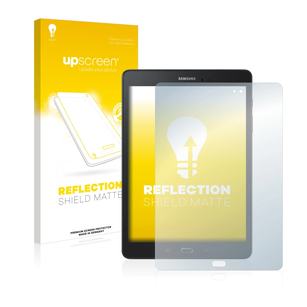 Front side of a product packaging with the brand logo upscreen. Next to it is the device Samsung Galaxy Tab A 9.7 shown with t