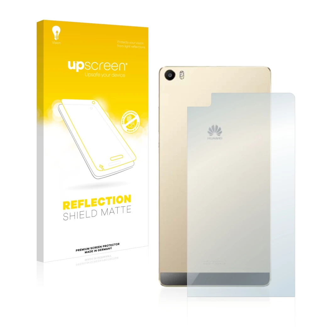 Front side of a product packaging with the brand logo upscreen. Next to it is the device Huawei P8 Max (Back) shown with the c
