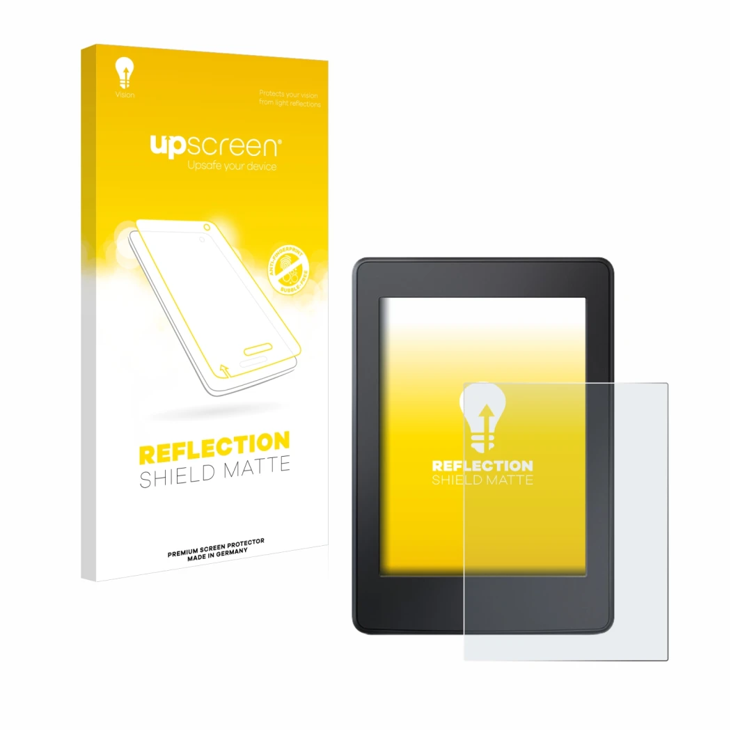 Front side of a product packaging with the brand logo upscreen. Next to it is the device Amazon Kindle Paperwhite 2015 (7th Ge