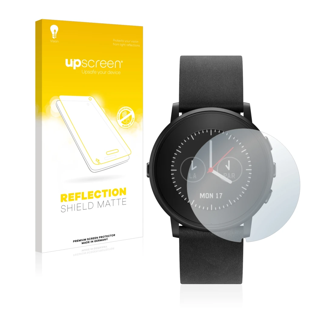 Front side of a product packaging with the brand logo upscreen. Next to it is the device Pebble Time Round shown with the corr