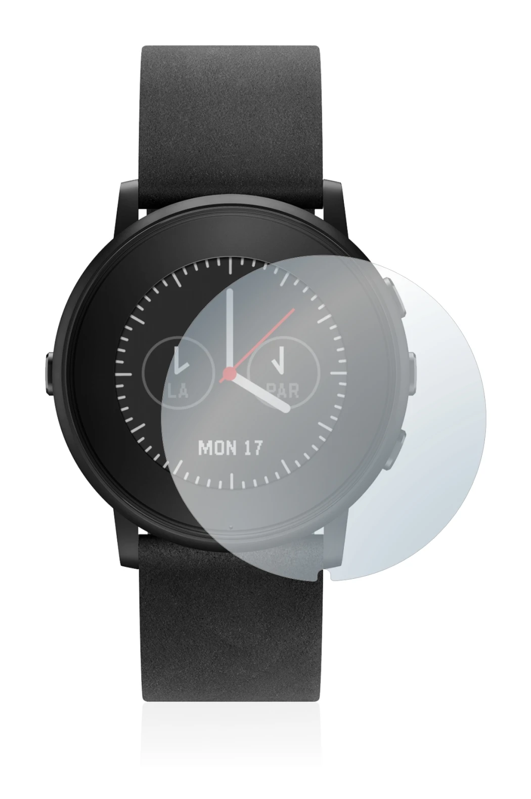 Image of the device Pebble Time Round with a wide variety of screen protectors.