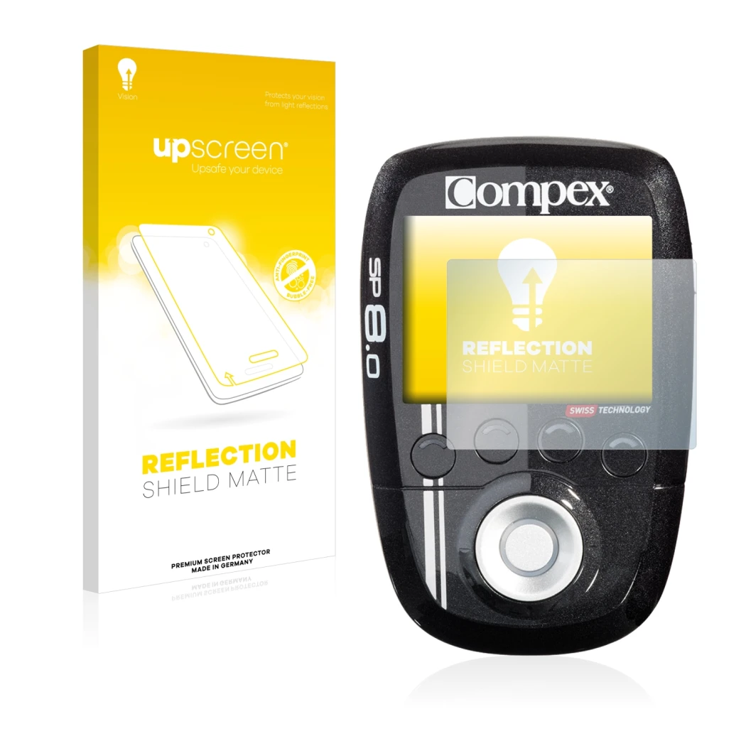 Front side of a product packaging with the brand logo upscreen. Next to it is the device Compex SP 8.0 shown with the correspo