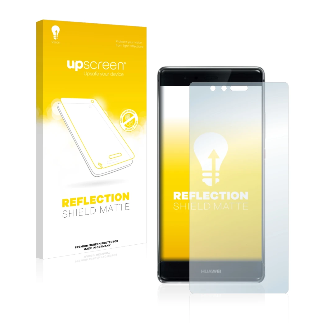 Front side of a product packaging with the brand logo upscreen. Next to it is the device Huawei P9 Plus shown with the corresp