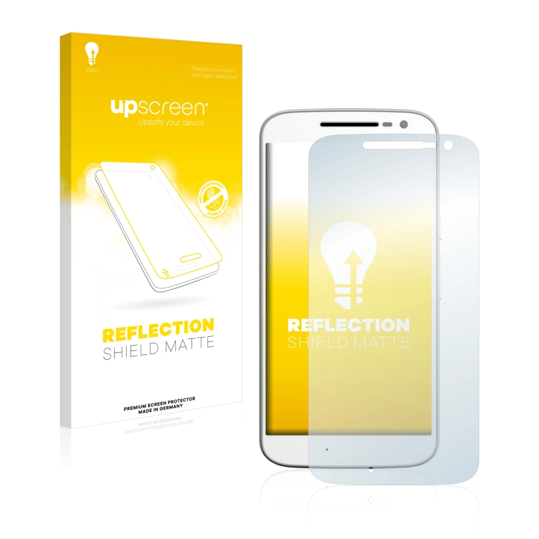 Front side of a product packaging with the brand logo upscreen. Next to it is the device Motorola Moto G4 shown with the corre