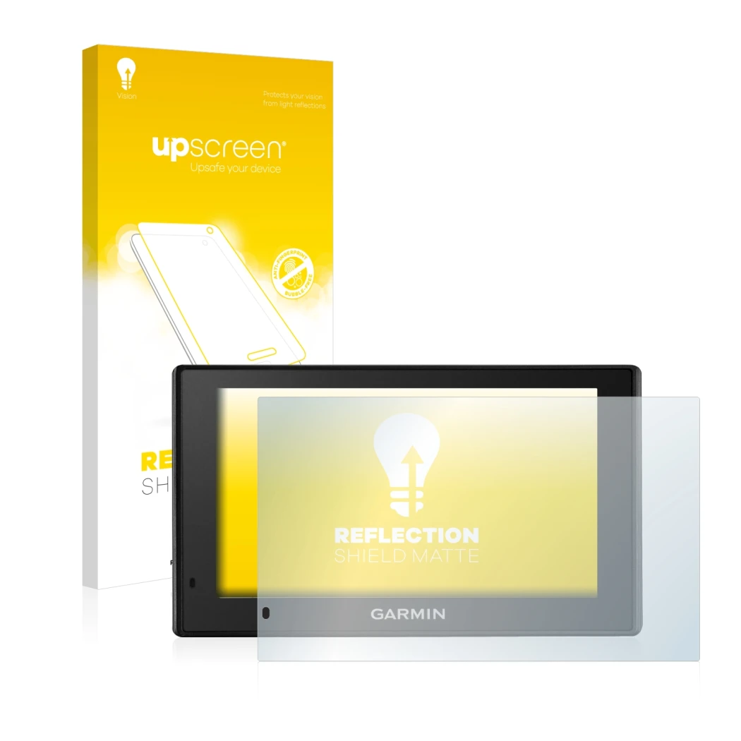 Front side of a product packaging with the brand logo upscreen. Next to it is the device Garmin DriveSmart 50 LMT-D shown with