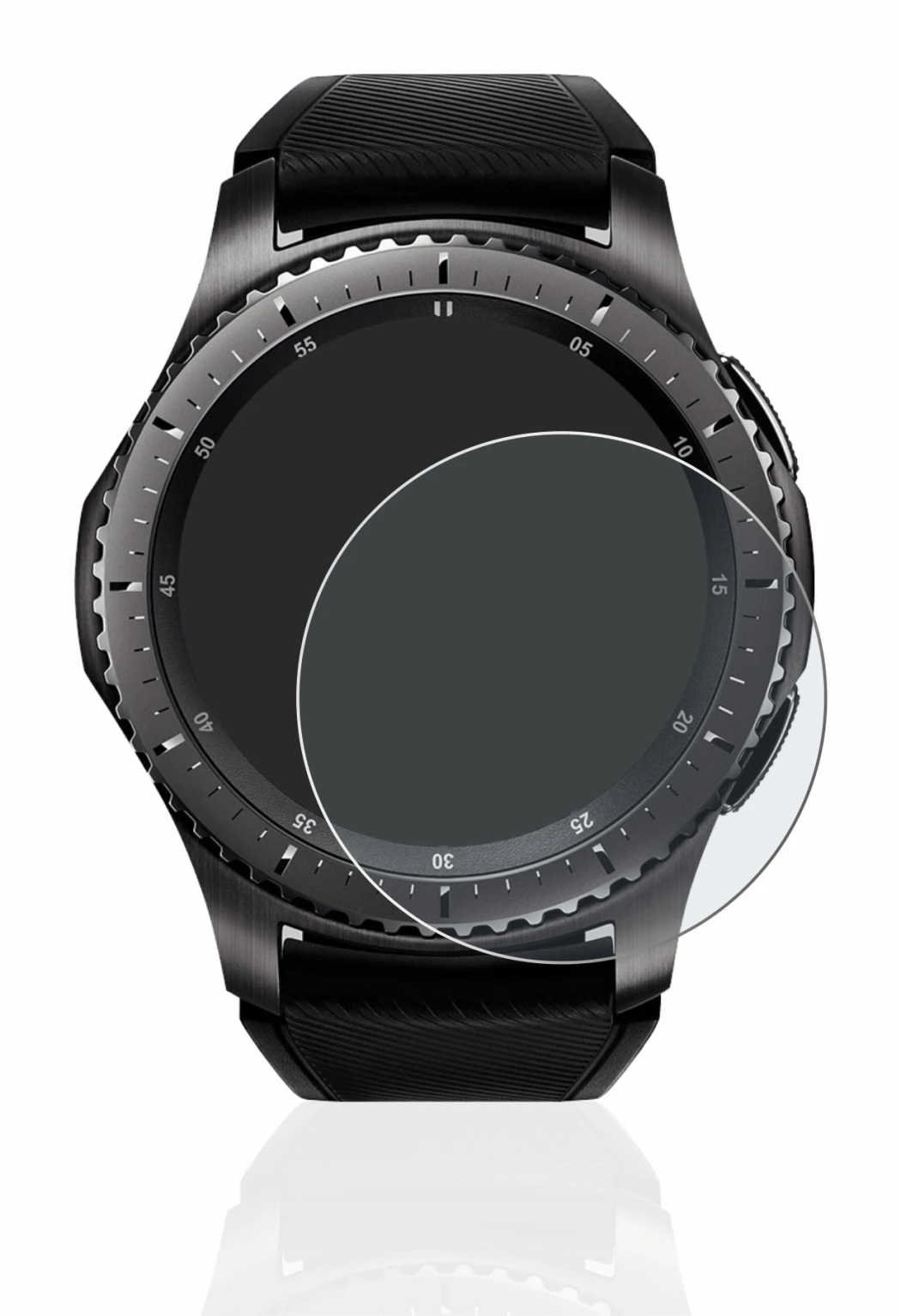 Image of the device Samsung Gear S3 Frontier with a wide variety of screen protectors.