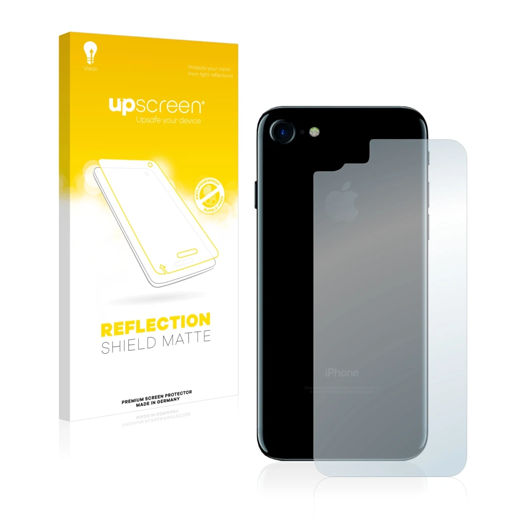 Front side of a product packaging with the brand logo upscreen. Next to it is the device Apple iPhone 7 Back (entire surface) 