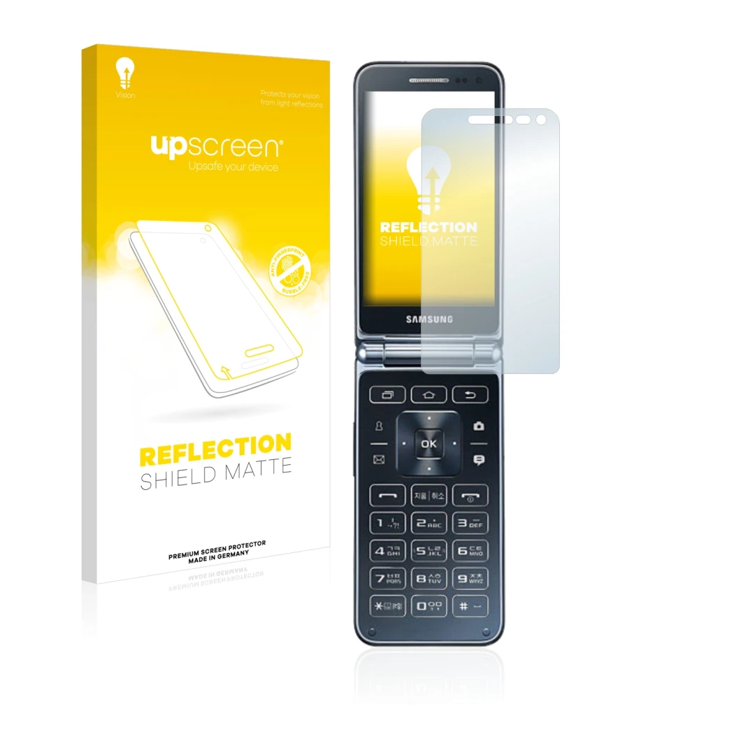Front side of a product packaging with the brand logo upscreen. Next to it is the device Samsung Galaxy Folder 2 shown with th