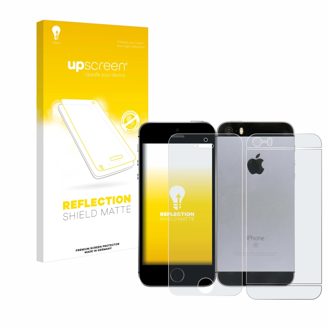 Front side of a product packaging with the brand logo upscreen. Next to it is the device Apple iPhone SE 2016 (Front+Back) sho