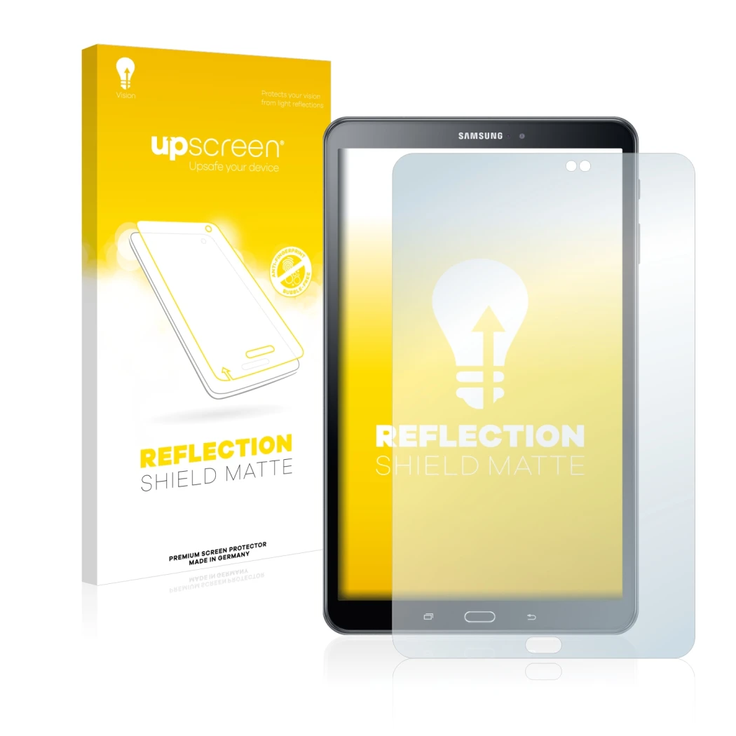 Front side of a product packaging with the brand logo upscreen. Next to it is the device Samsung Galaxy Tab A6 10.1