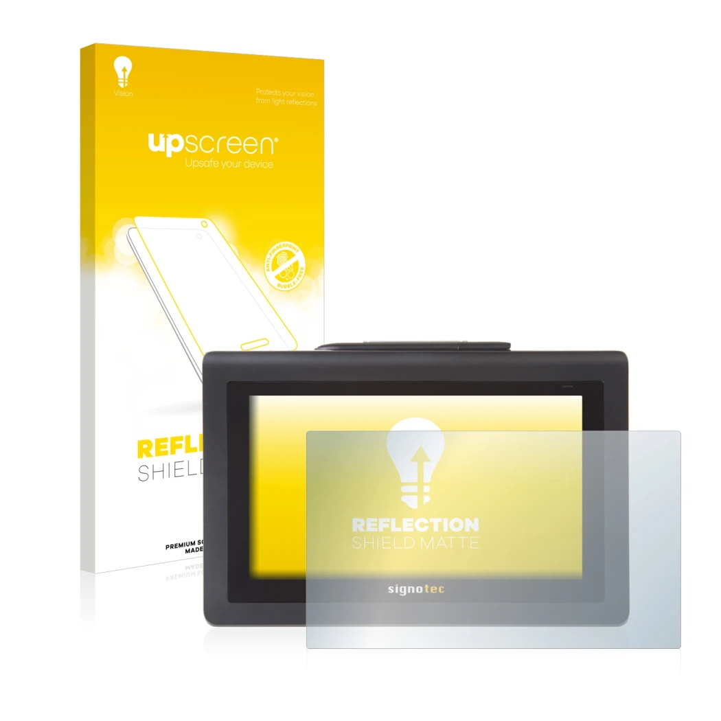 Front side of a product packaging with the brand logo upscreen. Next to it is the device Signotec Signature Pad Delta shown wi