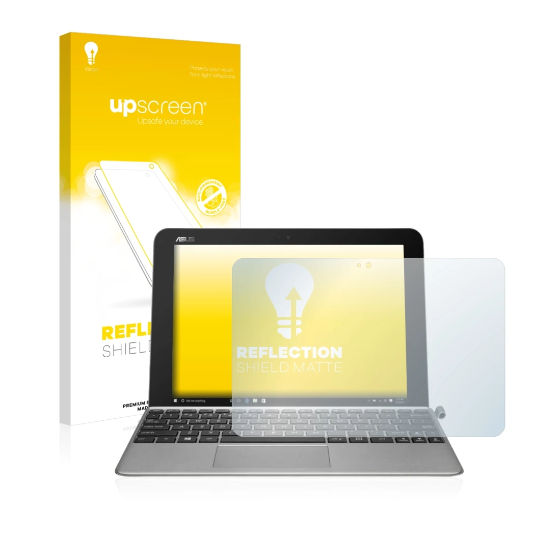 Front side of a product packaging with the brand logo upscreen. Next to it is the device ASUS Transformer Mini T102HA shown wi