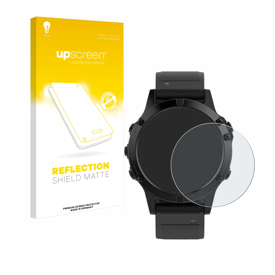 Front side of a product packaging with the brand logo upscreen. Next to it is the device Garmin Fenix 5 (47 mm) shown with the