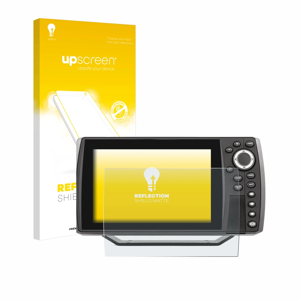 Front side of a product packaging with the brand logo upscreen. Next to it is the device Humminbird Helix 7 shown with the cor