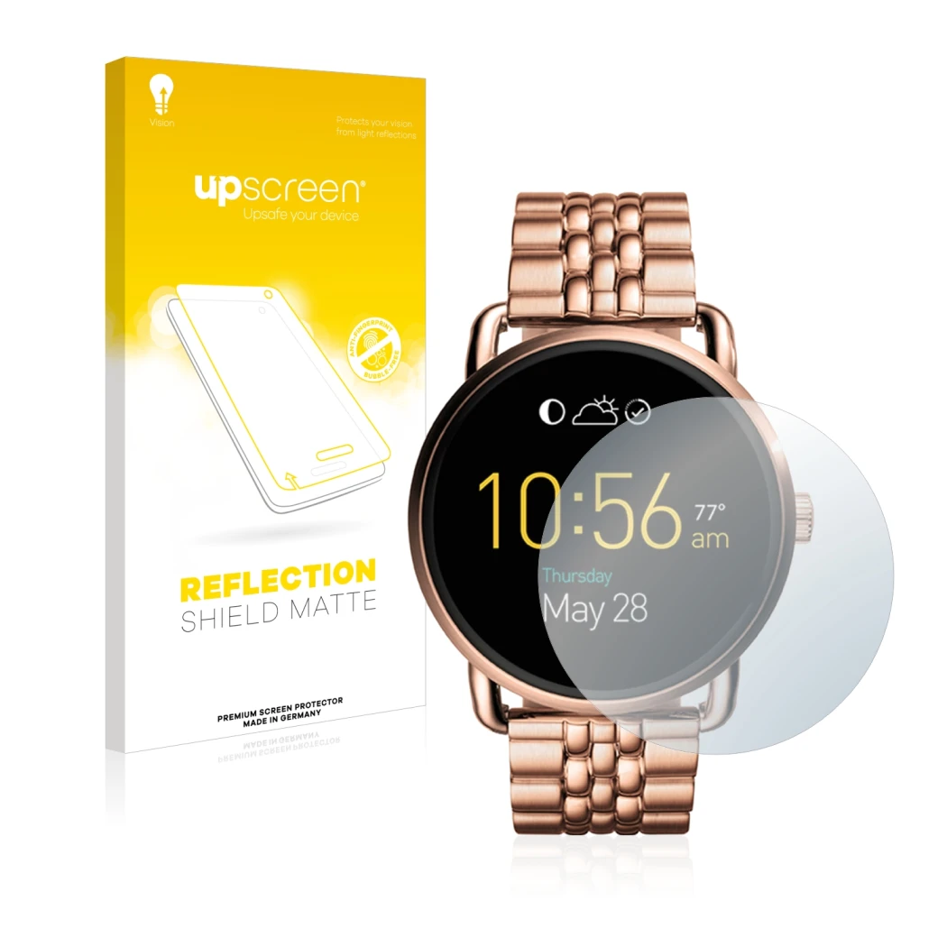 Front side of a product packaging with the brand logo upscreen. Next to it is the device Fossil Q Wander shown with the corres