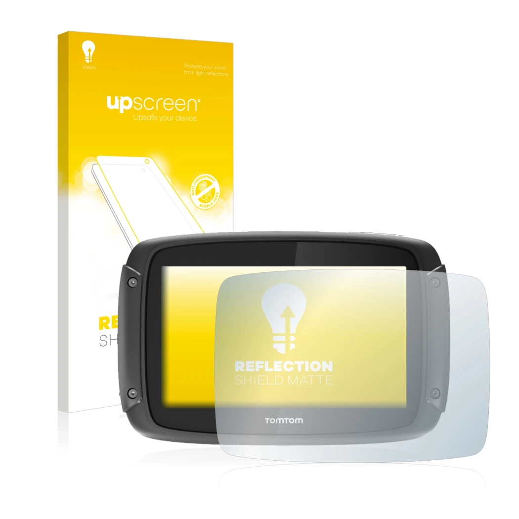 Front side of a product packaging with the brand logo upscreen. Next to it is the device TomTom Rider 450 shown with the corre