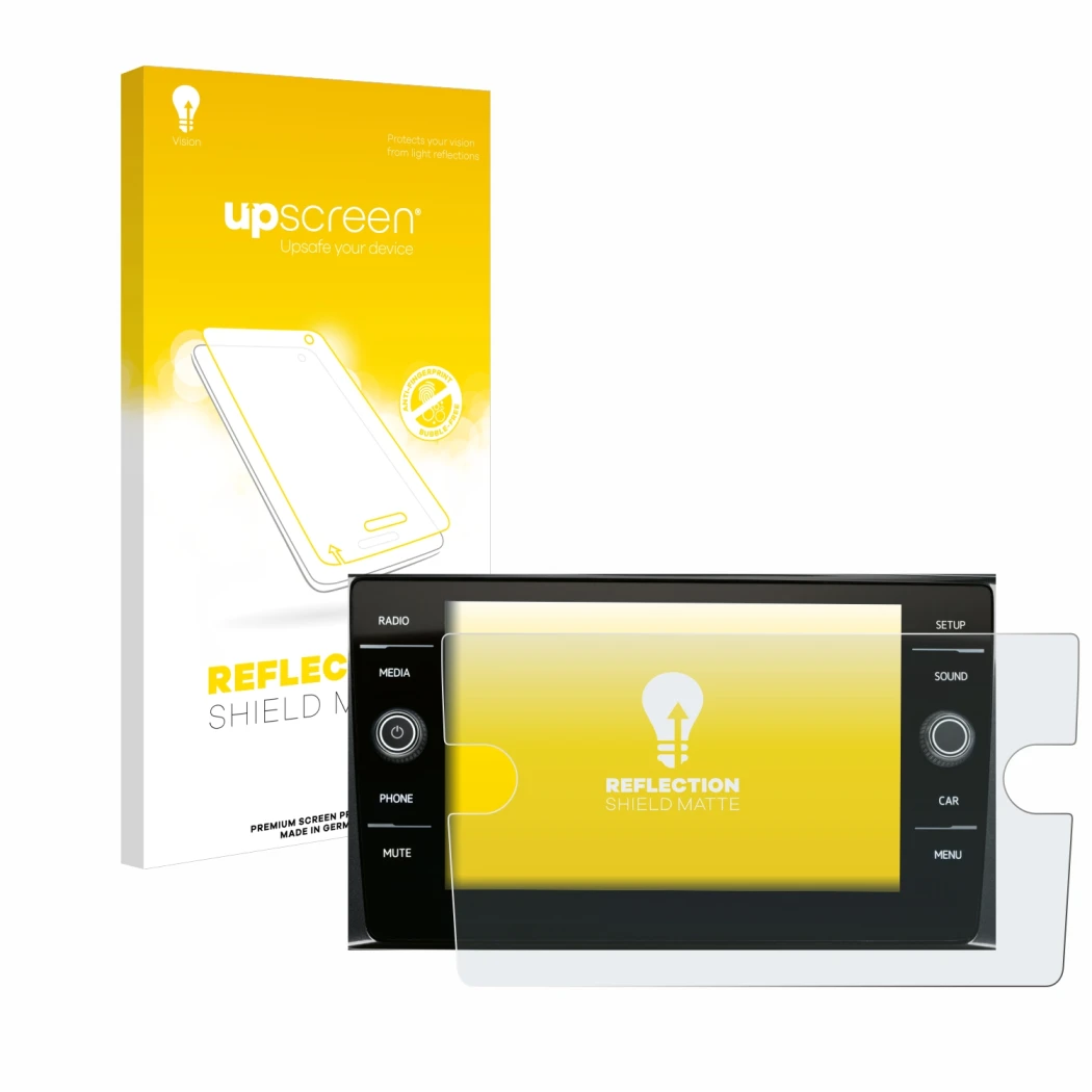 Front side of a product packaging with the brand logo upscreen. Next to it is the device Volkswagen Composition Media 2017 sho