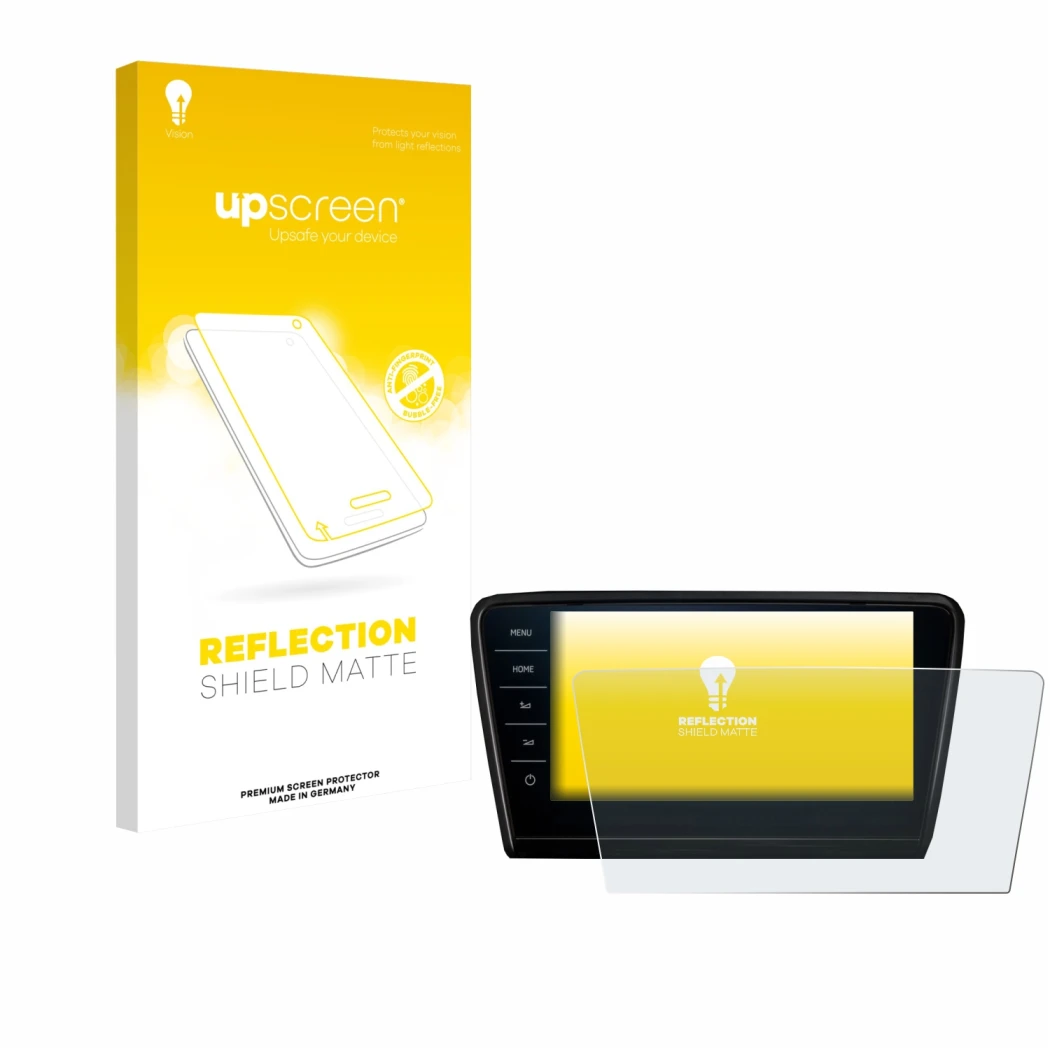 Front side of a product packaging with the brand logo upscreen. Next to it is the device Skoda Octavia 2017 Infotainment Syste