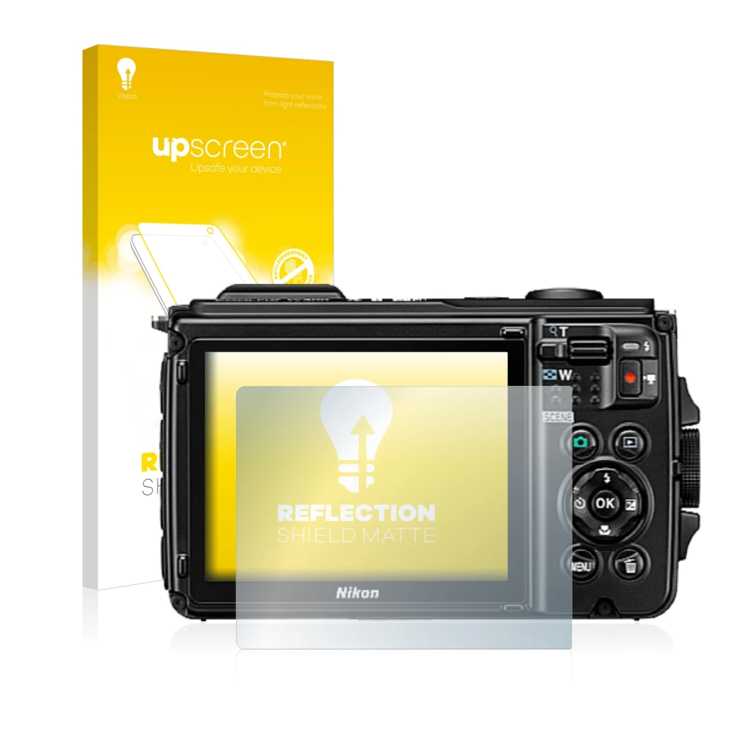 Front side of a product packaging with the brand logo upscreen. Next to it is the device Nikon Coolpix W300 shown with the cor