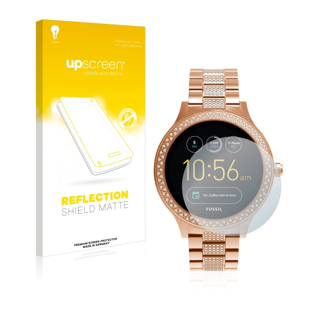 Front side of a product packaging with the brand logo upscreen. Next to it is the device Fossil Q Venture shown with the corre