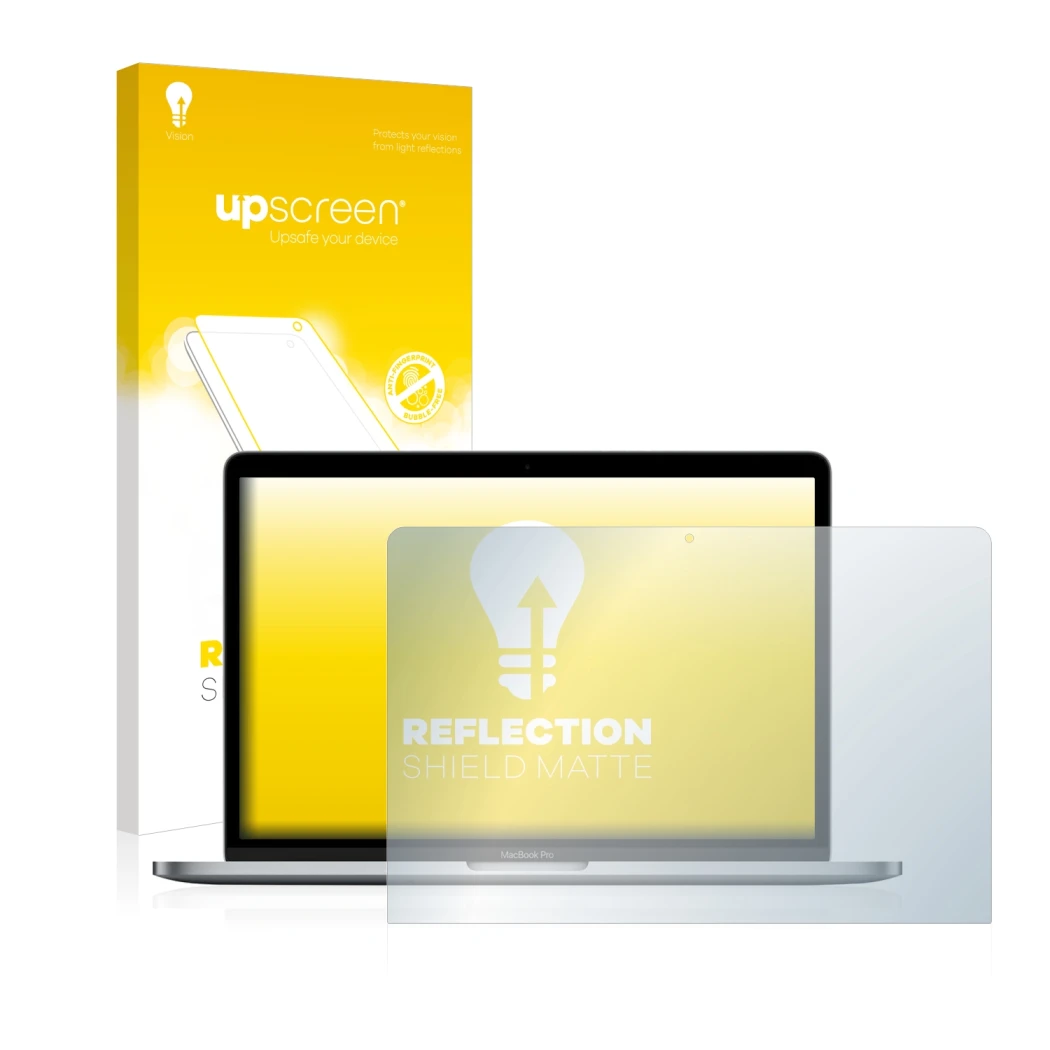 Front side of a product packaging with the brand logo upscreen. Next to it is the device Apple MacBook Pro 13