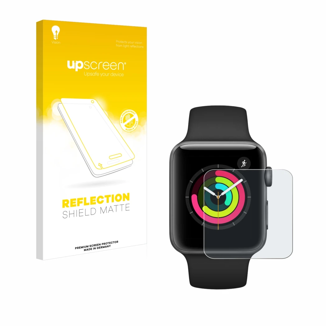 Front side of a product packaging with the brand logo upscreen. Next to it is the device Apple Watch Series 3 (42 mm) shown wi
