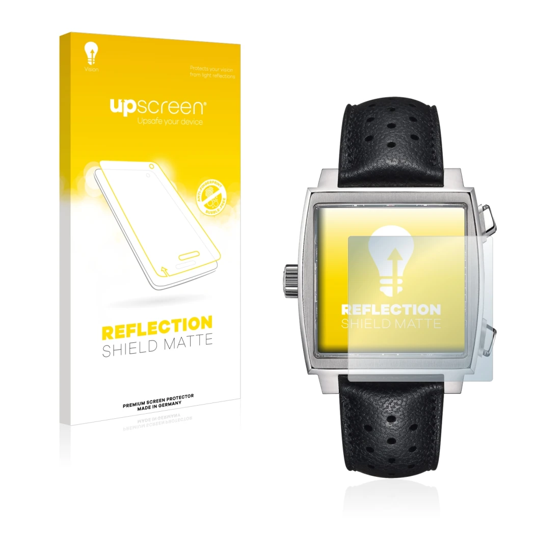 Front side of a product packaging with the brand logo upscreen. Next to it is the device TAG Heuer Monaco (39 mm) shown with t