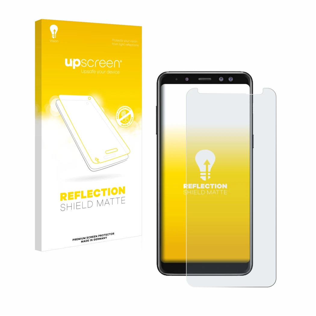 Front side of a product packaging with the brand logo upscreen. Next to it is the device Samsung Galaxy A8 2018 shown with the