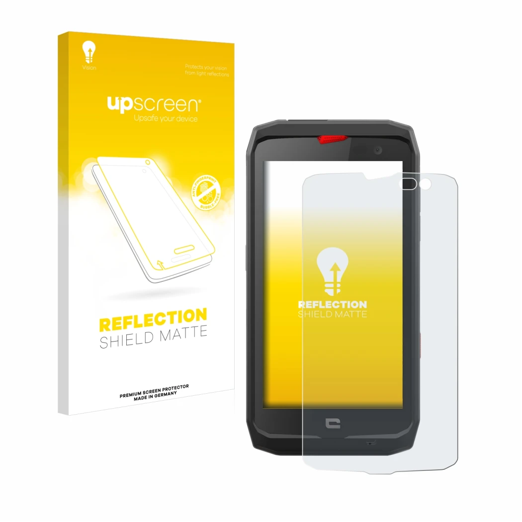 Front side of a product packaging with the brand logo upscreen. Next to it is the device Crosscall Action X3 shown with the co