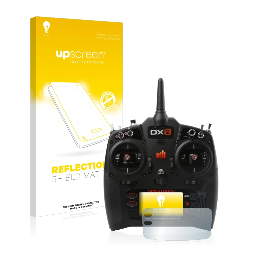 Front side of a product packaging with the brand logo upscreen. Next to it is the device Spektrum DX8 G2 shown with the corres