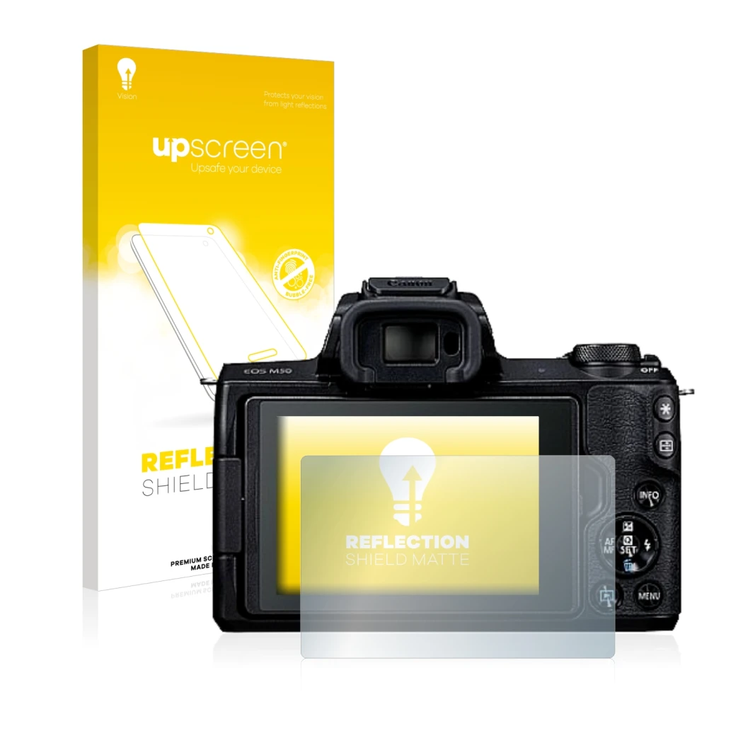 Front side of a product packaging with the brand logo upscreen. Next to it is the device Canon EOS M50 shown with the correspo