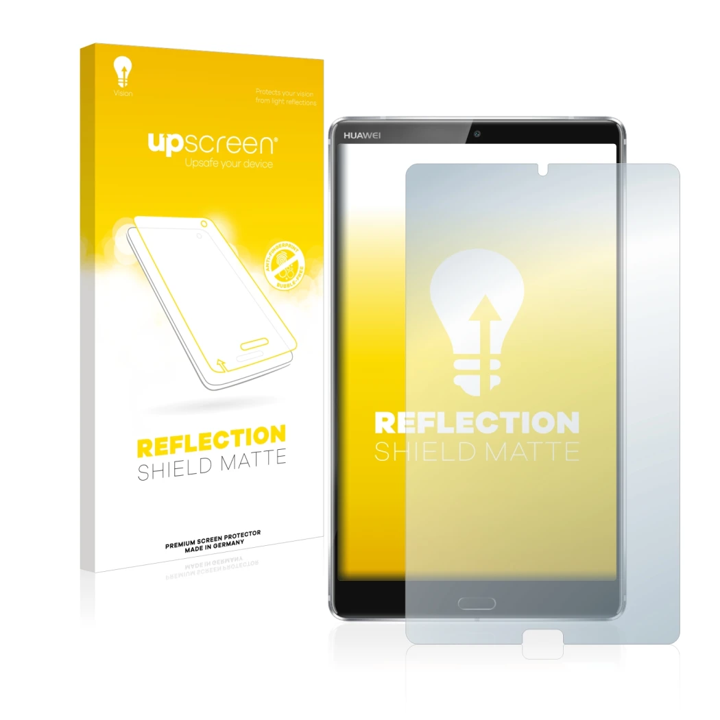 Front side of a product packaging with the brand logo upscreen. Next to it is the device Huawei MediaPad M5 8.4 shown with the
