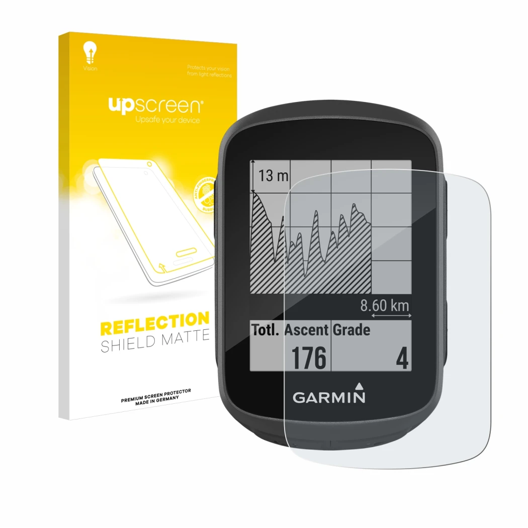 Front side of a product packaging with the brand logo upscreen. Next to it is the device Garmin Edge 130 shown with the corres