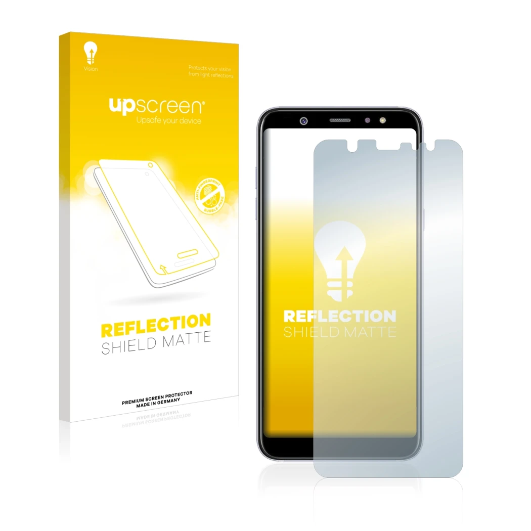 Front side of a product packaging with the brand logo upscreen. Next to it is the device Samsung Galaxy A6 Plus 2018 shown wit