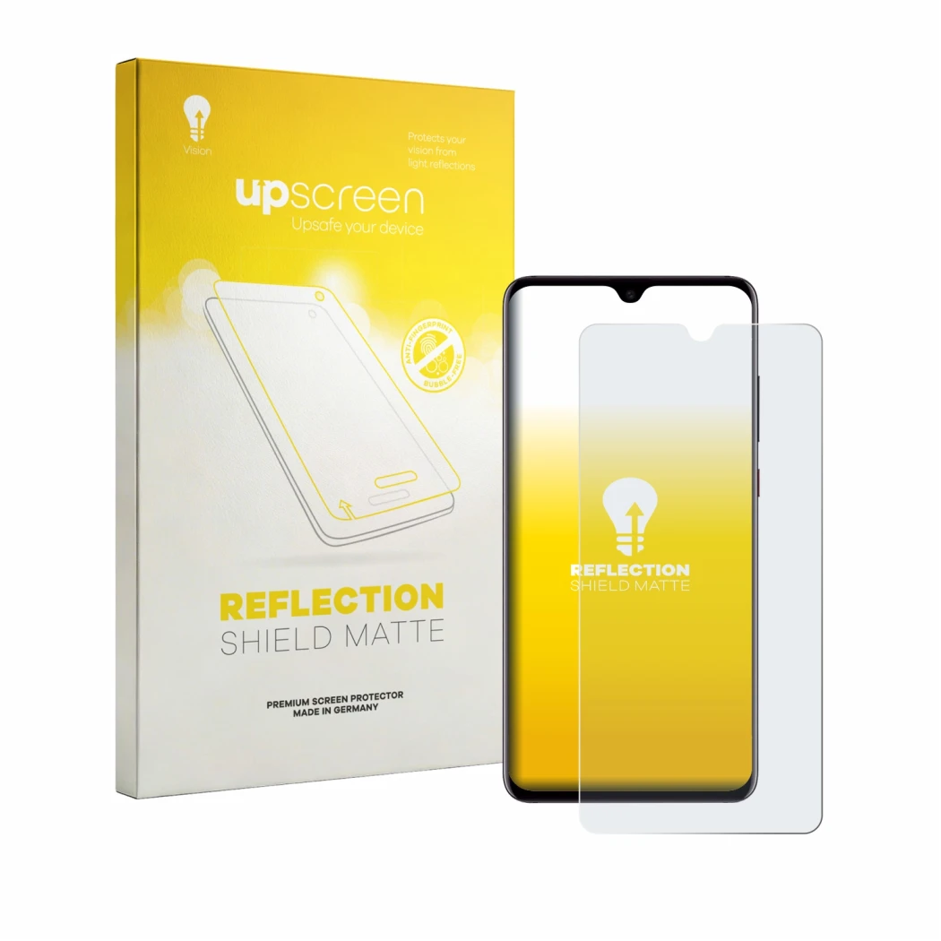 Front side of a product packaging with the brand logo upscreen. Next to it is the device Huawei Mate 20 shown with the corresp