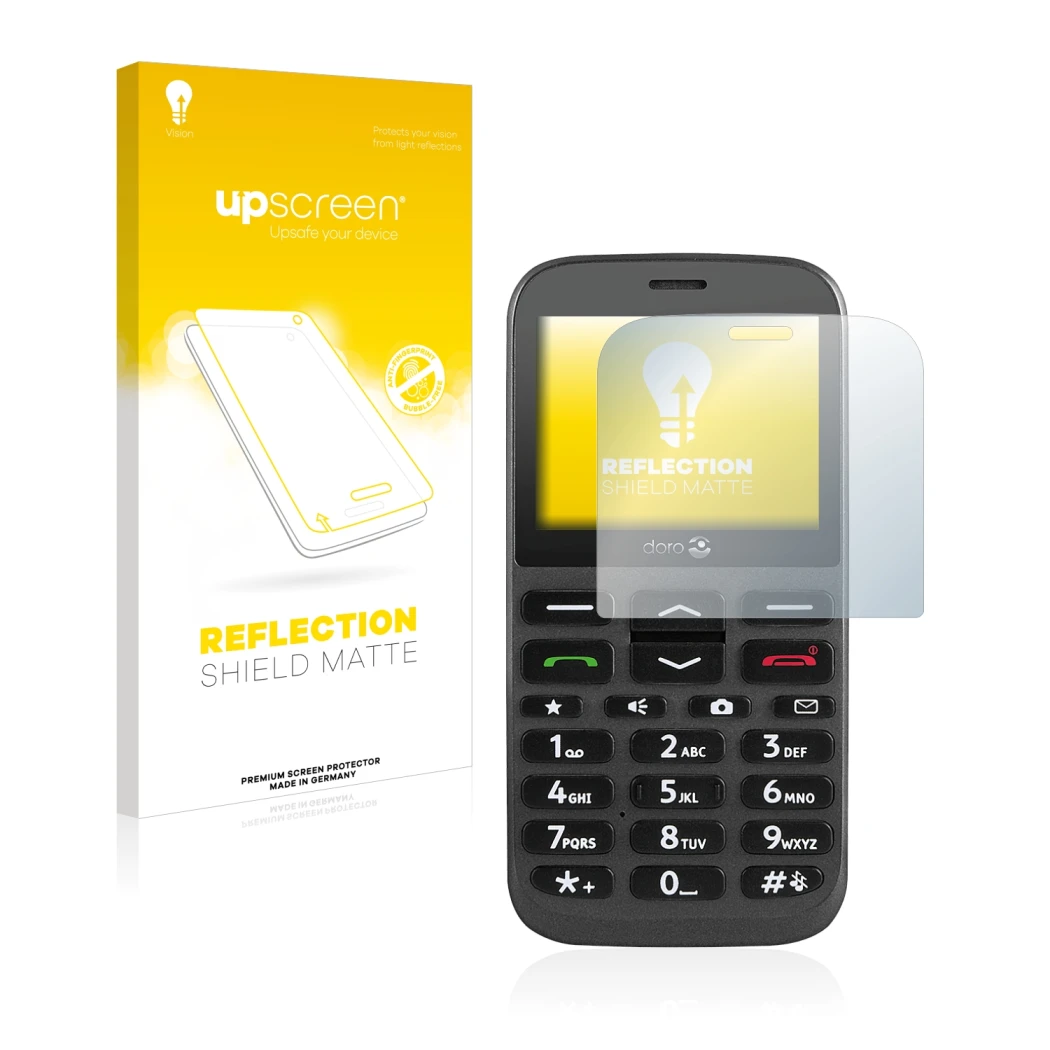 Front side of a product packaging with the brand logo upscreen. Next to it is the device Doro 1370 shown with the correspondin