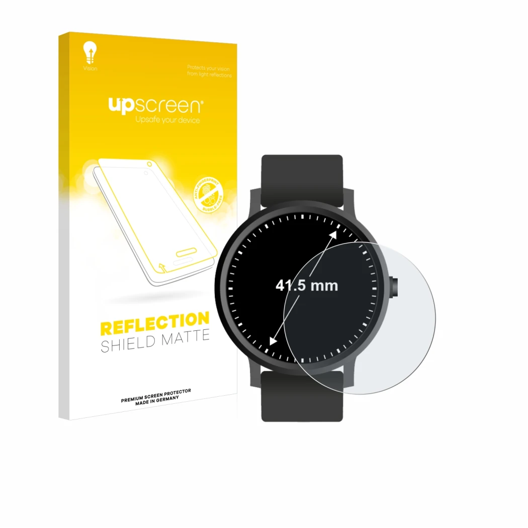 Front side of a product packaging with the brand logo upscreen. Next to it is the device Watches (Circular, ø: 41.5 mm) shown